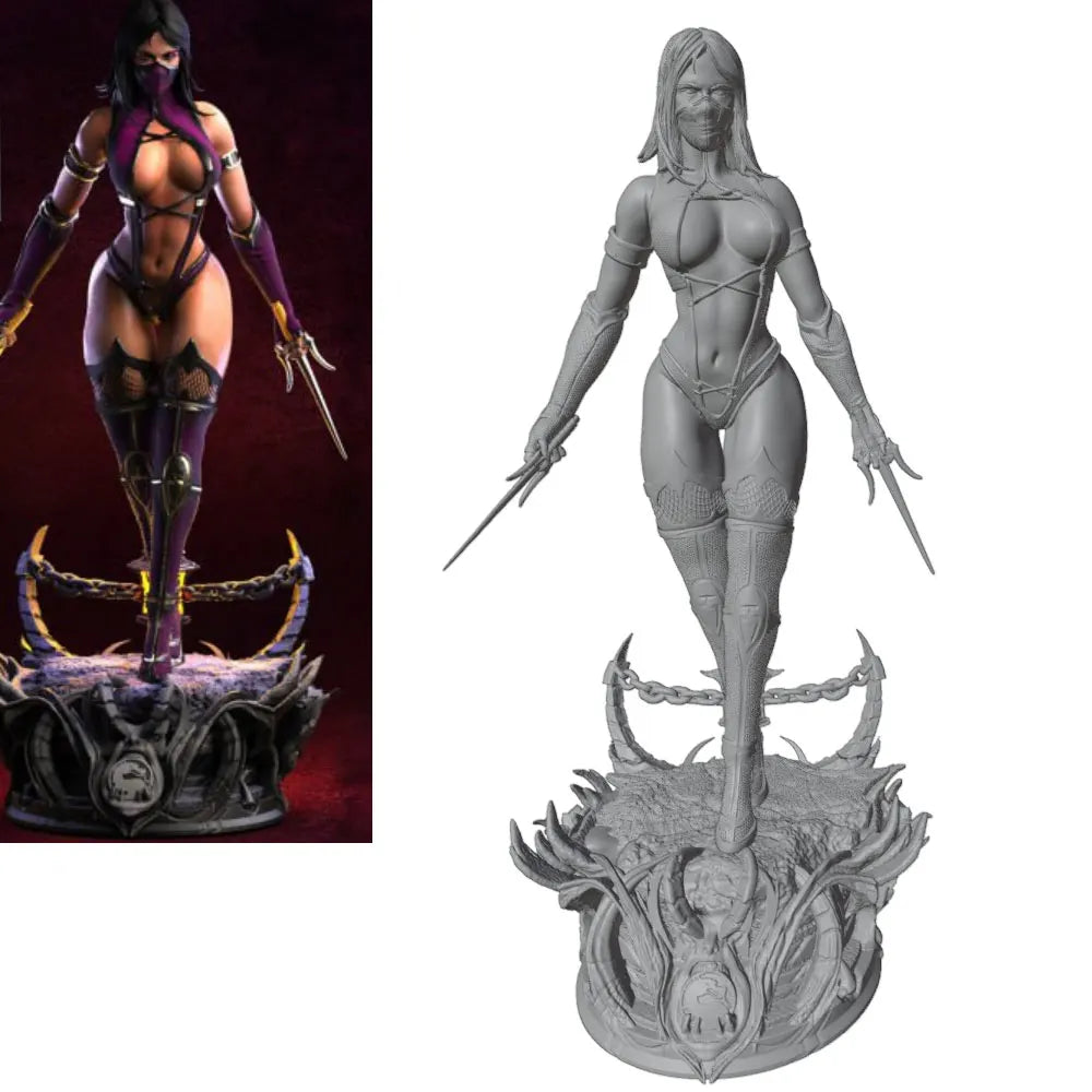 1/24 Female Warrior with Curved Daggers on Demon Head, Resin Model Figure Kit, Fantasy Theme, Unassembled and Unpainted