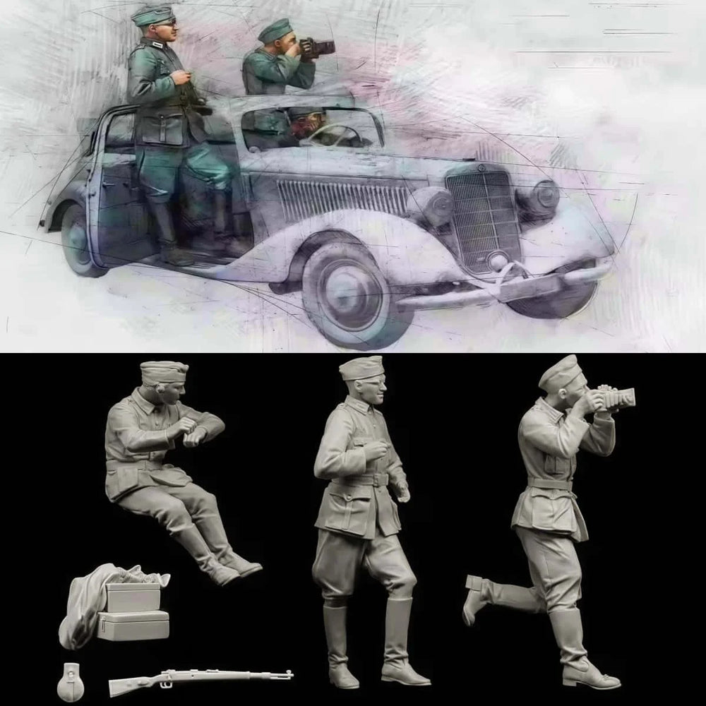 1/35 WWII German MG Team and Riflemen, 3 Figures, Resin Model Figure Kit, Unassembled and Unpainted