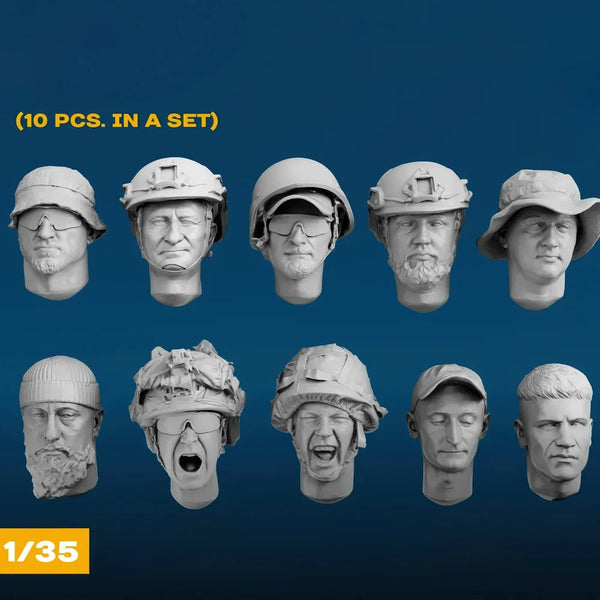 1/35 Modern Soldier Heads with Combat Helmets, 10 Figures, Resin Model Figure Kit, Unassembled and Unpainted