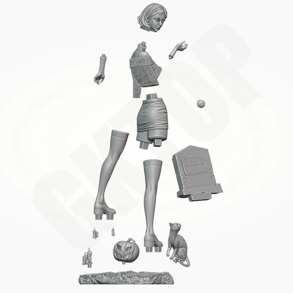 1/24 Witch Girl with Cat and Pumpkins, Resin Model Diorama Kit, Unassembled and Unpainted