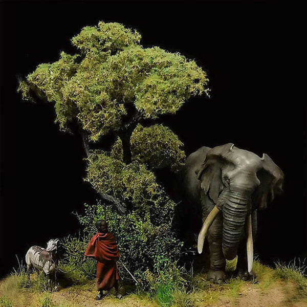 1/32 Masai Warrior with African Elephants, 3 Figures, Resin Model Figure Kit, Wildlife Theme, Unassembled and Unpainted