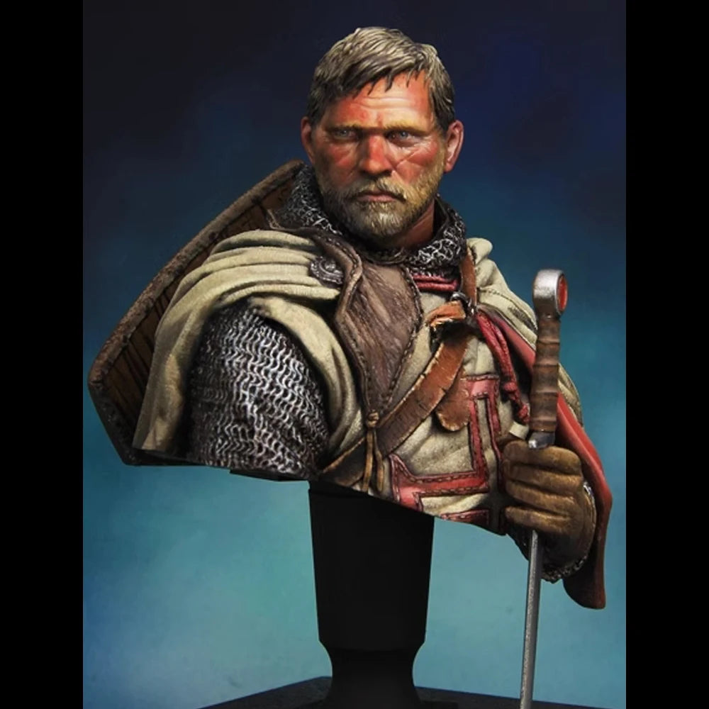 1/10 Medieval Bearded Knight with Crimson Sword and Cloak, Resin Model Bust Kit, Unassembled and Unpainted