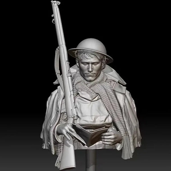 1/10 WWI British Soldier Reading Map with Rifle and Gas Mask, Resin Model Bust Kit, Unassembled and Unpainted