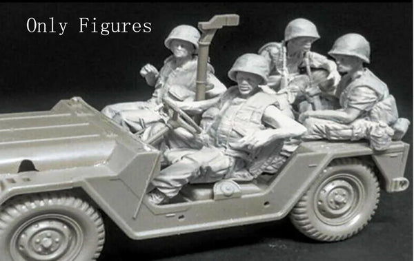 1/35 WWII Soldiers with Military Jeep, 4 Figures, Resin Model Figure Kit, Unassembled and Unpainted