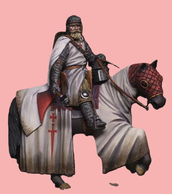 54mm Medieval Bearded Crusader Knight on Warhorse, Resin Model Figure Kit, Unassembled and Unpainted