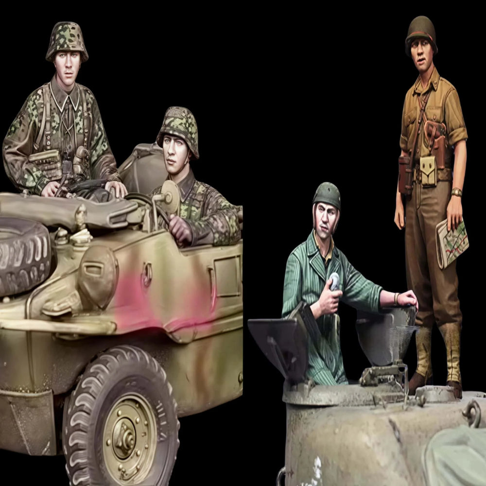 1/35 WWII German Infantry with Kübelwagen, 4 Figures, Resin Model Figure Kit, Unassembled and Unpainted