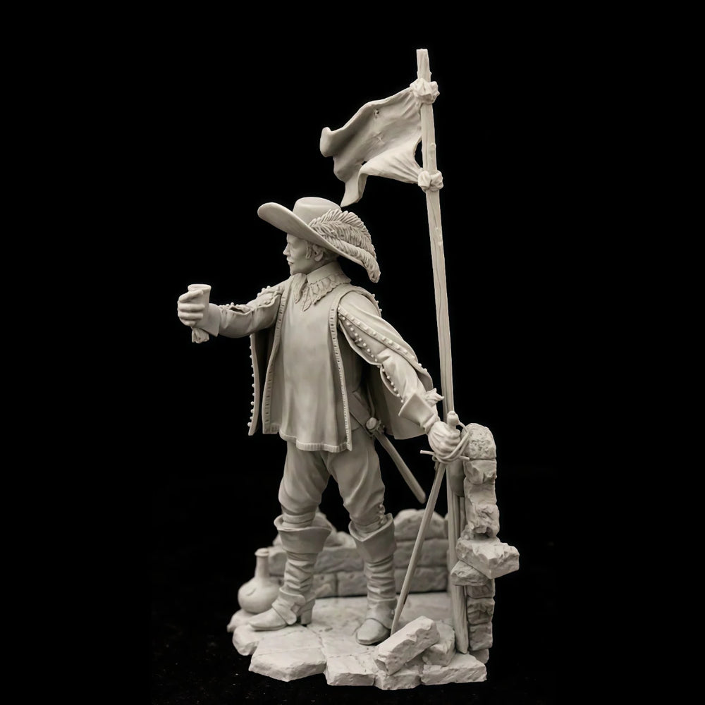 75mm Napoleonic French Officer with Flag and Rifle, Resin Model Figure Kit, Unassembled and Unpainted