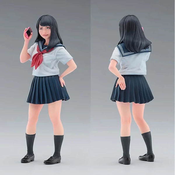 1/12 Schoolgirl Waving with Red Bow, Resin Model Figure Kit, Anime Theme, Unassembled and Unpainted