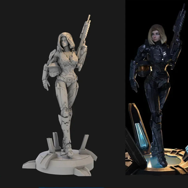 75mm Female Tactical Operator with Rifle, Resin Model Figure Kit, Sci-Fi Theme, Unassembled and Unpainted