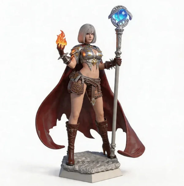 50mm Sorceress with Orb Staff and Flame, Resin Model Figure Kit, Fantasy Theme, Unassembled and Unpainted