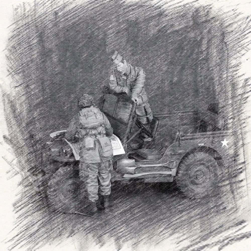 1/35 WWII US Army Soldiers with Willys MB Jeep, 2 Figures, Resin Model Figure Kit, Unassembled and Unpainted