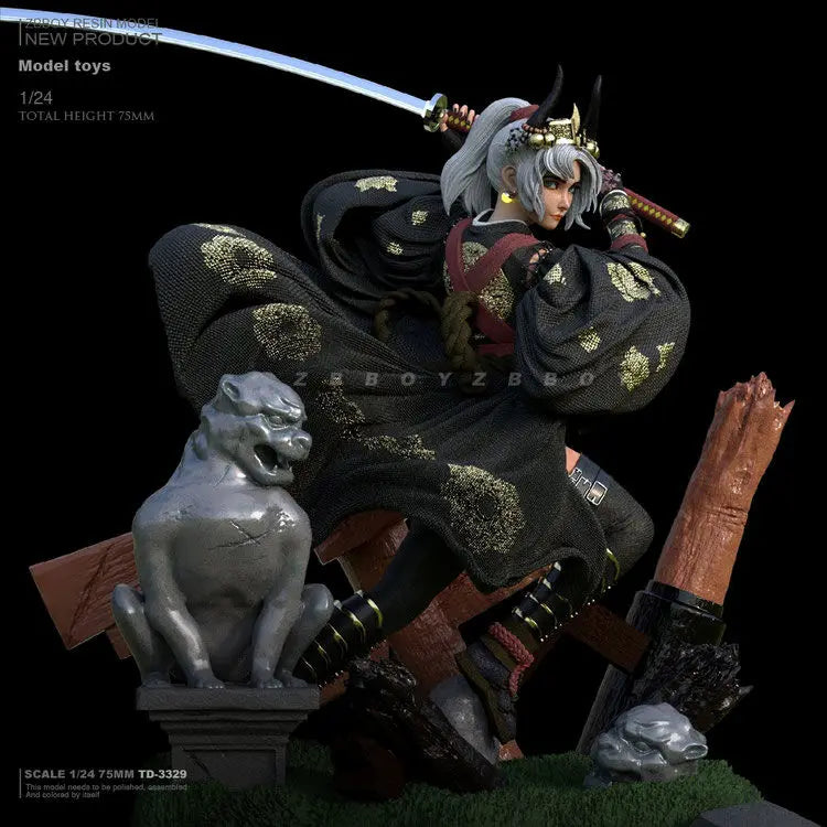 1/24 Long-Haired Warrior with Curved Blade and Ornate Armor, Resin Model Figure Kit, Fantasy Theme, Unassembled and Unpainted