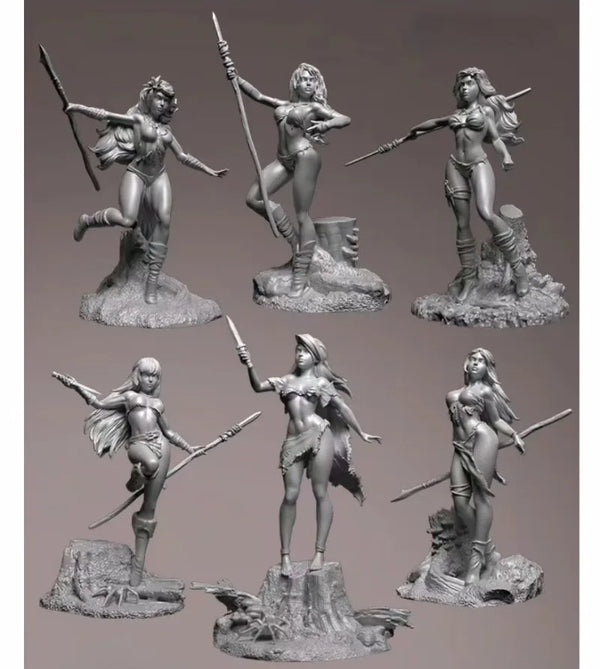 1/24 Female Warriors with Spears and Swords, 6 Figures, Resin Model Figure Kit, Fantasy Theme, Unassembled and Unpainted