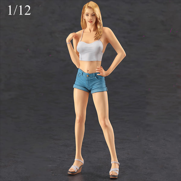 1/12 Blonde in White Crop Top and Denim Shorts, Resin Model Figure Kit, Unassembled and Unpainted
