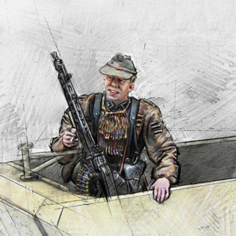 1/35 WWII German MG Gunner in Splinter Camouflage, Resin Model Figure Kit, Unassembled and Unpainted