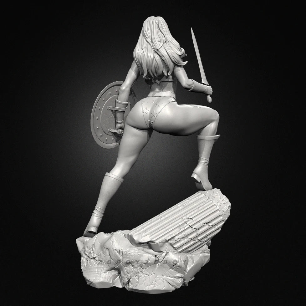 75mm Female Warrior with Longsword and Round Shield, Resin Model Figure Kit, Fantasy Theme, Unassembled and Unpainted