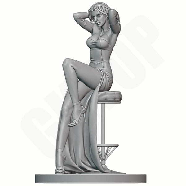 1/24 Blonde in Blue Dress on Bar Stool, Resin Model Figure Kit, Unassembled and Unpainted