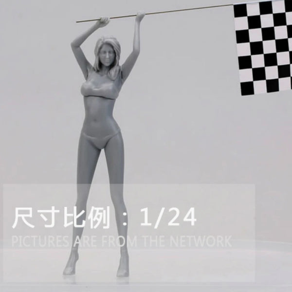 1/24 Racing Girl with Checkered Flag, Resin Model Figure Kit, Unassembled and Unpainted
