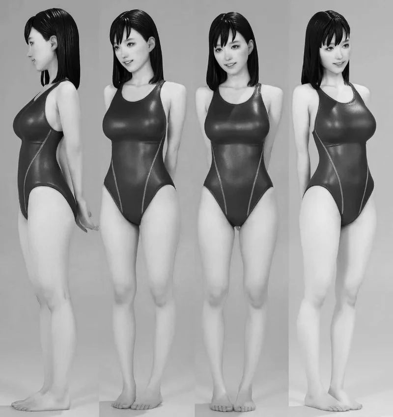 1/8 Teenage Girl in Black Swimsuit, Resin Model Figure Kit, Unassembled and Unpainted