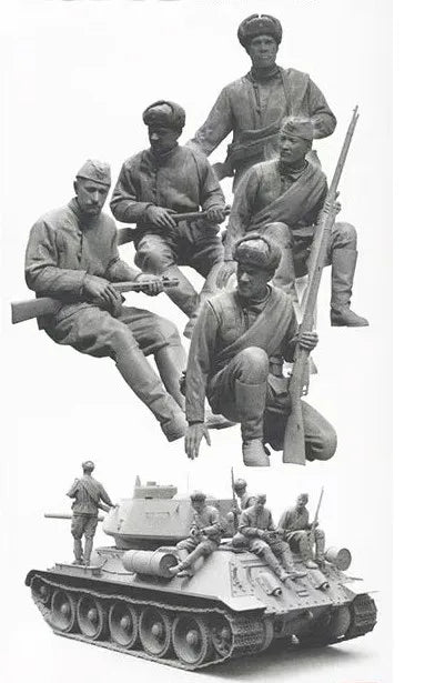 1/35 WWII Soviet T-34 Tank Crew & Infantry, 5 Figures, Resin Model Diorama Kit, Unassembled and Unpainted