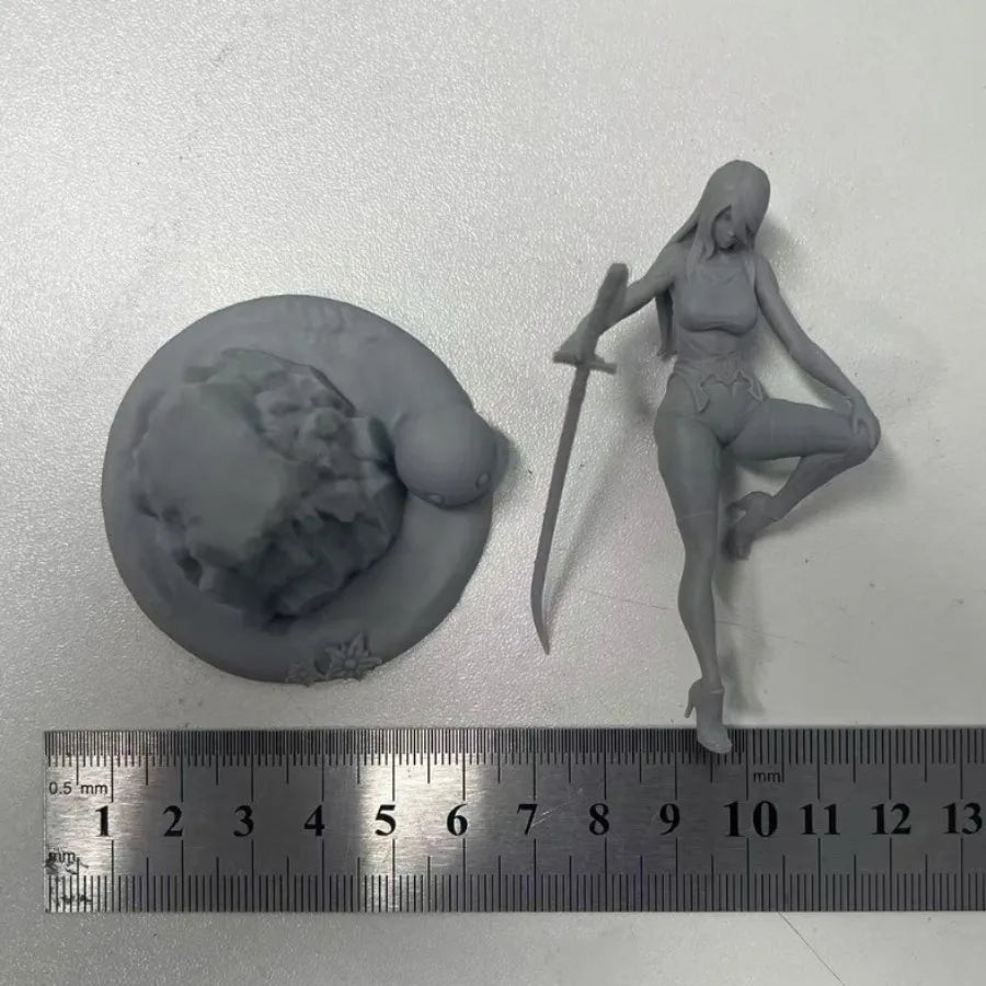 75mm Medieval Sorceress Wielding Staff on Stone Base, Resin Model Figure Kit, Unassembled and Unpainted