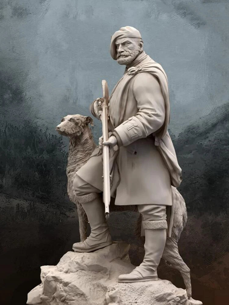 1/24 Medieval Scottish Highlander with Musket and Dog, Resin Model Figure Kit, Unassembled and Unpainted