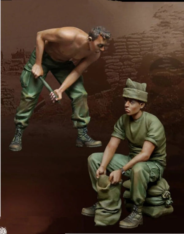 1/35 WWII US Infantrymen: Shirtless Laborer and Seated Rifleman, 2 Figures, Resin Model Figure Kit, Unassembled and Unpainted