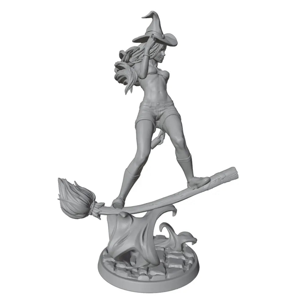 75mm Witch on Broomstick with Imp Familiar, Resin Model Figure Kit, Fantasy Theme, Unassembled and Unpainted