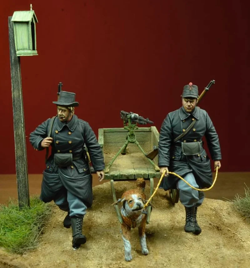 1/35 WWI Belgian Army with Dog & Cart, 3 Figures, Resin Model Diorama Kit, Unassembled and Unpainted