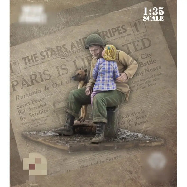 1/35 WWII American Soldier with Child & Dog, 3 Figures, Resin Model Figure Kit, Unassembled and Unpainted