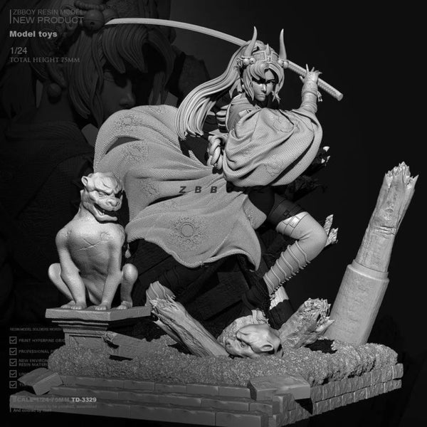 1/24 Long-Haired Warrior with Curved Blade and Ornate Armor, Resin Model Figure Kit, Fantasy Theme, Unassembled and Unpainted
