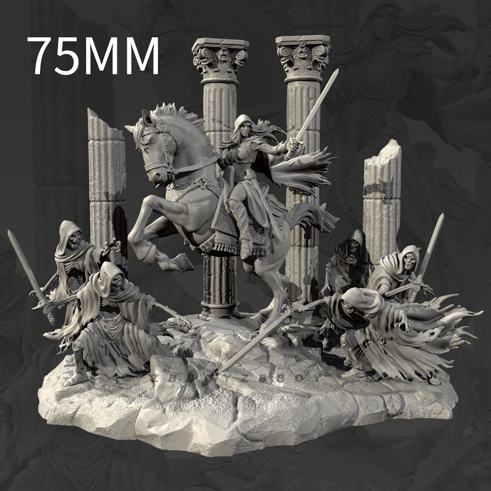 75mm Medieval Female Knight, 7 Figures, Resin Model Diorama Kit, Unassembled and Unpainted