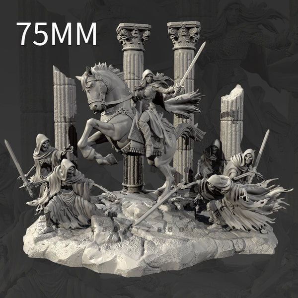 75mm Medieval Female Knight, 7 Figures, Resin Model Diorama Kit, Unassembled and Unpainted