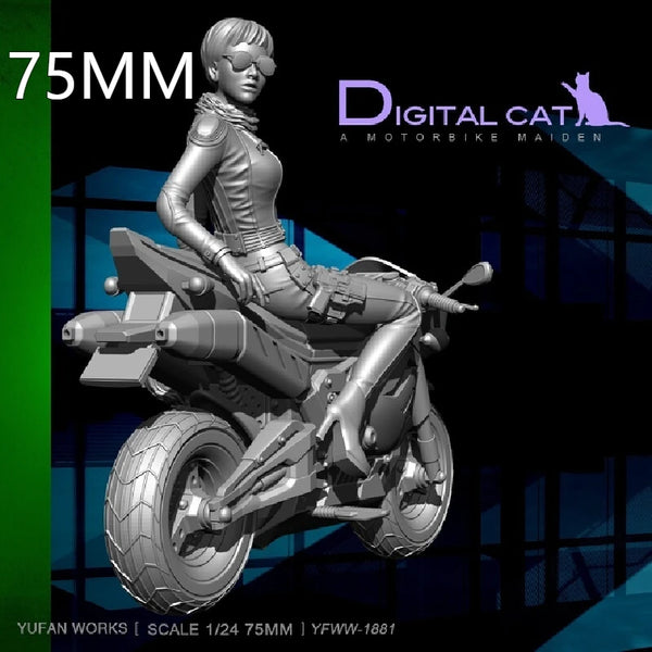 75mm Female Rider on Motorcycle, Resin Model Figure Kit, Unassembled and Unpainted