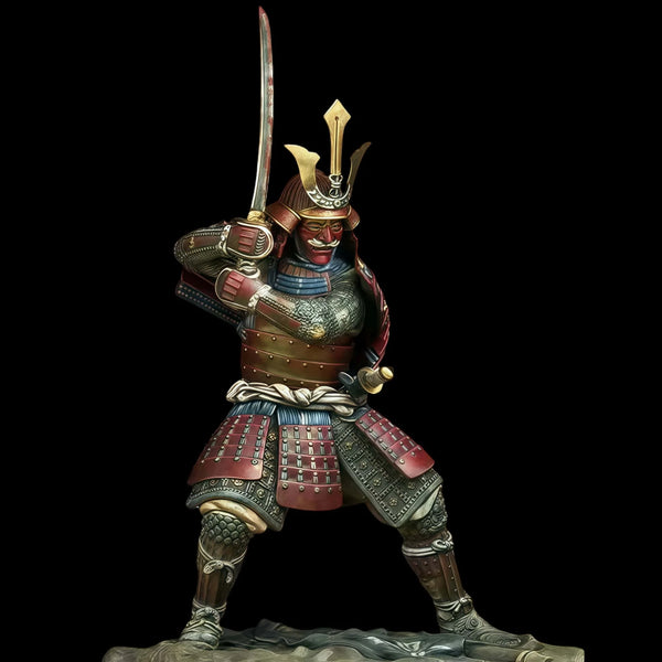 75mm Medieval Japanese Samurai in Horned Helmet Striking Overhead, Resin Model Figure Kit, Unassembled and Unpainted