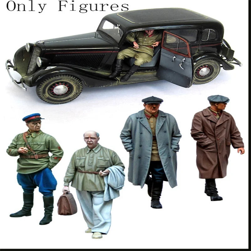 1/35 WWII Soldiers with Staff Car, 5 Figures, Resin Model Figure Kit, Unassembled and Unpainted
