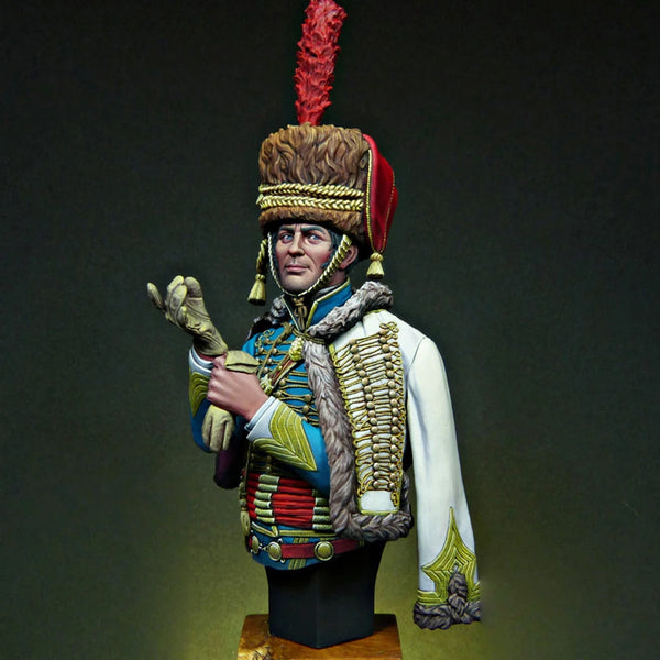 1/12 Napoleonic Hussar Officer with Plumed Shako, Resin Model Bust Kit, Unassembled and Unpainted