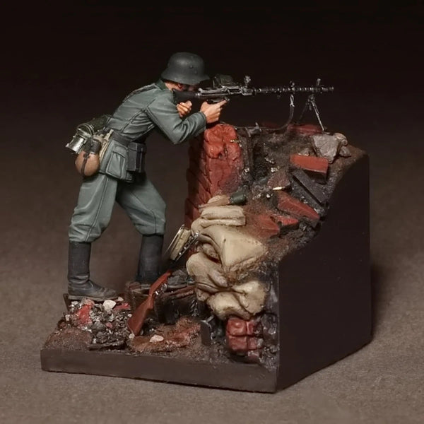 1/35 WWII German Soldier with Fortification, 2 Figures, Resin Model Diorama Kit, Unassembled and Unpainted