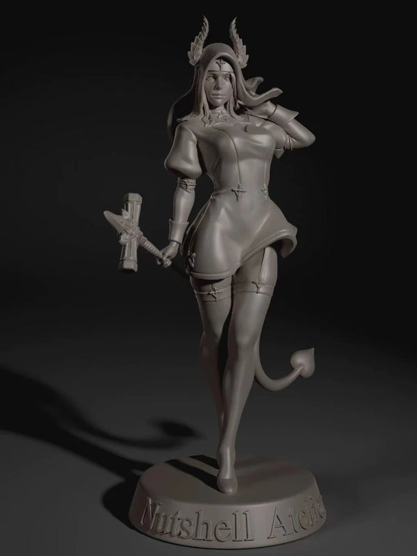 1/24 Demon Sorceress with Swept Horns and Staff, Resin Model Figure Kit, Fantasy Theme, Unassembled and Unpainted