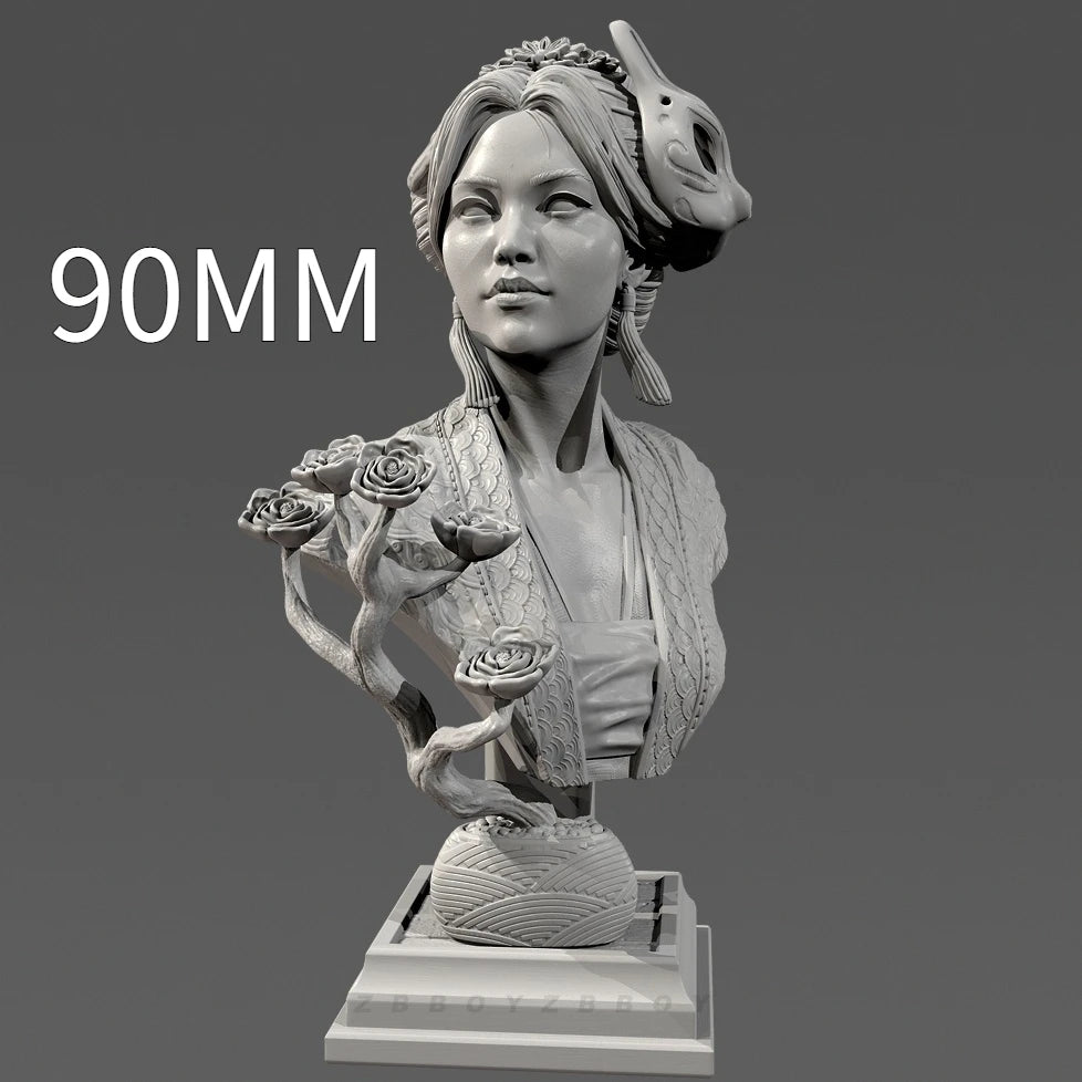 90mm Asian Female with Elaborate Hair Ornament and Shoulder Flowe, Resin Model Bust Kit, Fantasy Theme, Unassembled and Unpainted