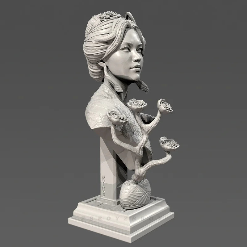 90mm Asian Female with Elaborate Hair Ornament and Shoulder Flowe, Resin Model Bust Kit, Fantasy Theme, Unassembled and Unpainted