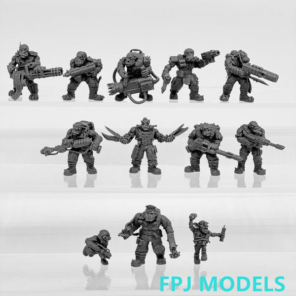 28mm Armored Sci-Fi Troopers with Heavy Weapons, 18 Figures, Resin Model Figure Kit, Sci-Fi Theme, Unassembled and Unpainted