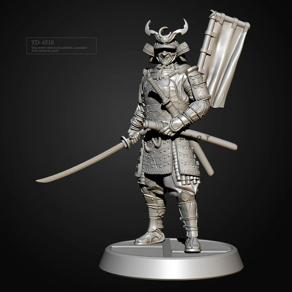 75mm Medieval Samurai Warlord with Horned Kabuto and Naginata, Resin Model Figure Kit, Unassembled and Unpainted