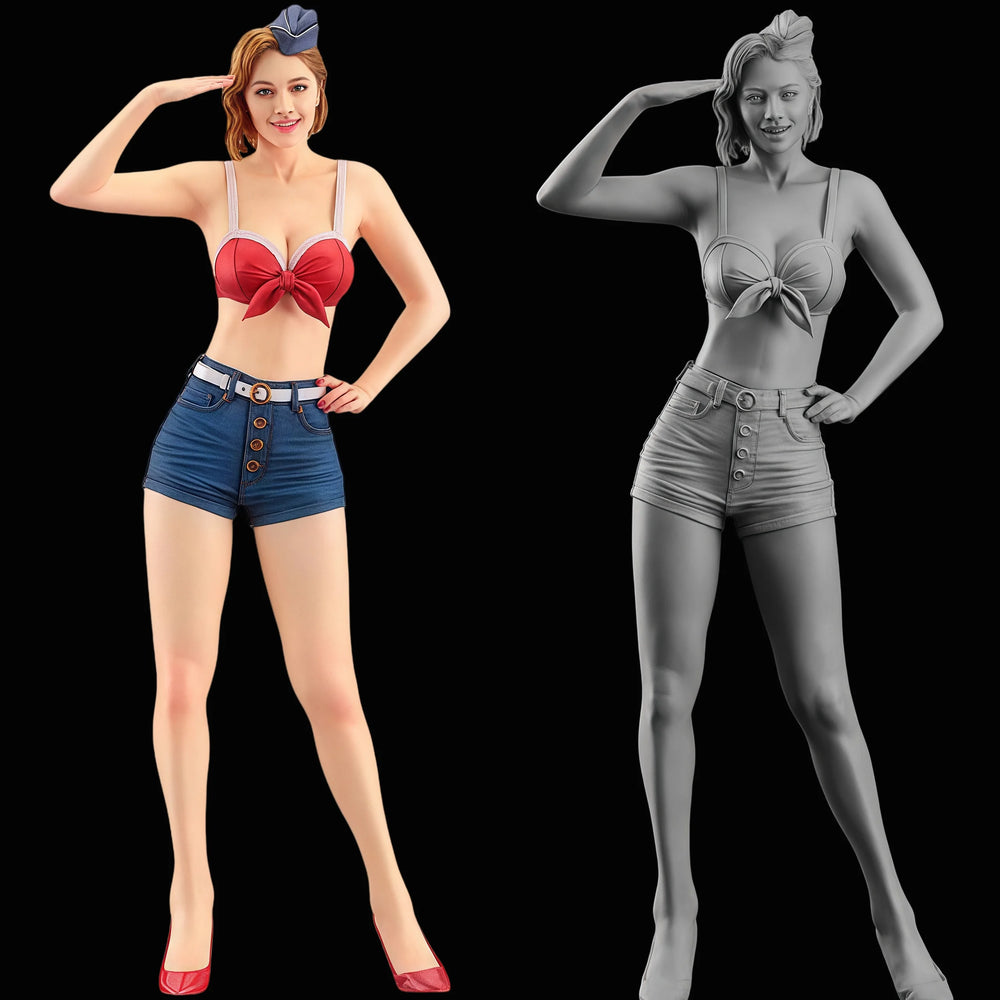 1/12 Pin-up Woman in Denim Shorts and Red Bow Top, Resin Model Figure Kit, Unassembled and Unpainted