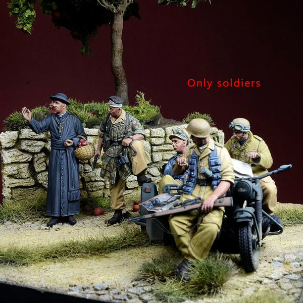 1/35 WWI Trench Soldiers & Motorcycle, 6 Figures, Resin Model Diorama Kit, Unassembled and Unpainted