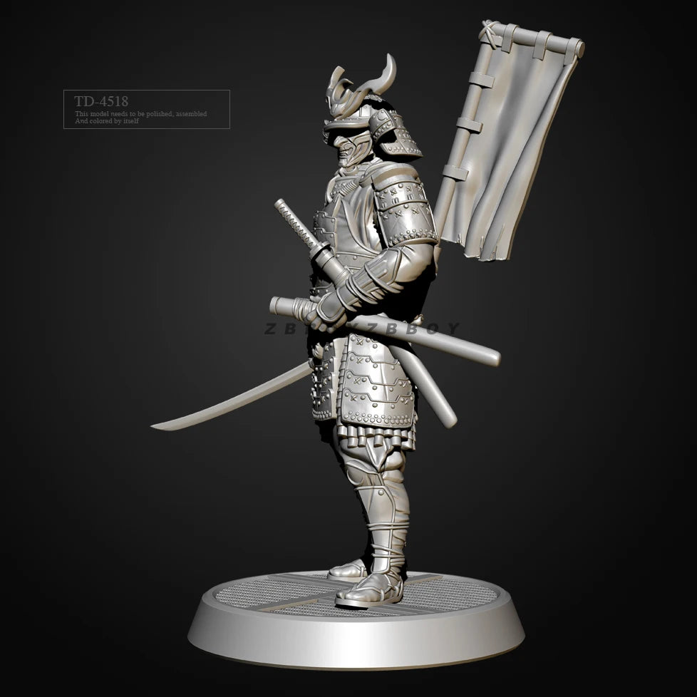 75mm Medieval Samurai Warlord with Horned Kabuto and Naginata, Resin Model Figure Kit, Unassembled and Unpainted