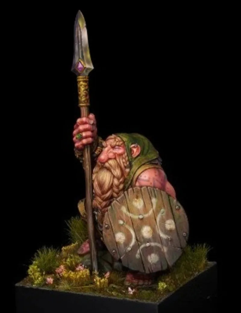 60mm Blonde Dwarf Spearman with Decorated Shield, Resin Model Figure Kit, Fantasy Theme, Unassembled and Unpainted