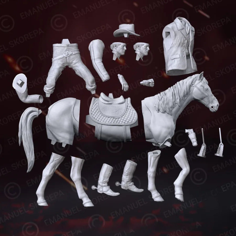 1/24 Cowboy Mounted on Saddled Horse, Resin Model Figure Kit, Historical Theme, Unassembled and Unpainted