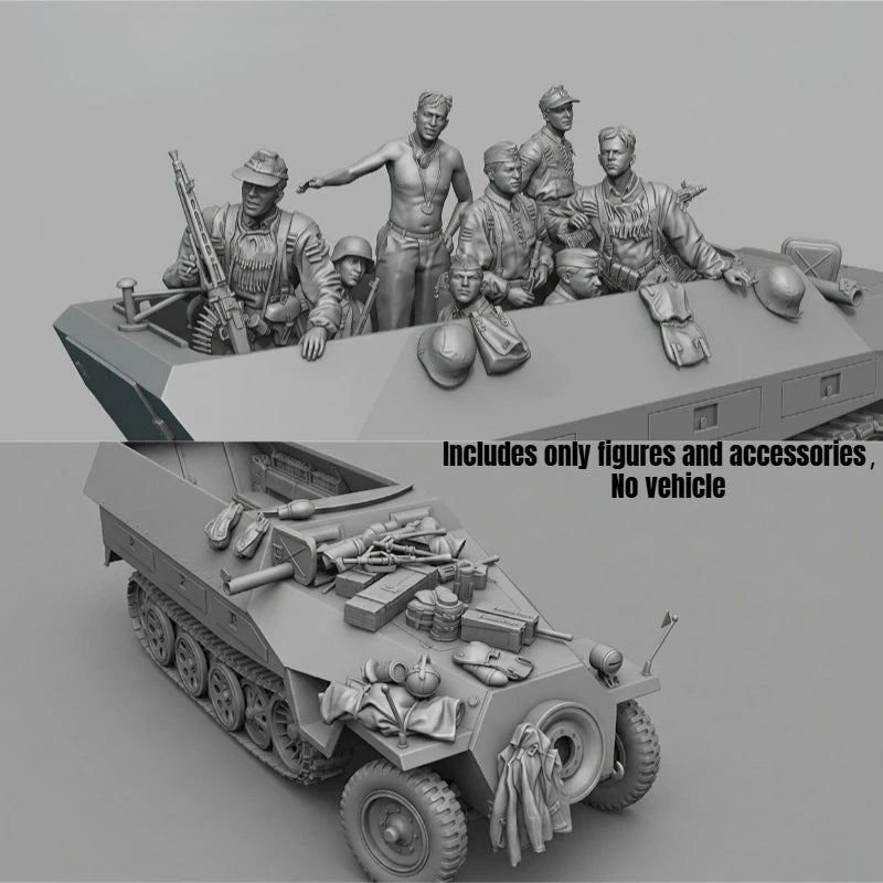 1/35 WWII German Half-Track Crew, 8 Figures, Resin Model Figure Kit, Unassembled and Unpainted