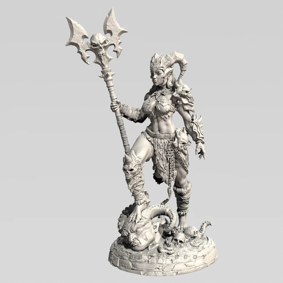 75mm Horned Demon Sorceress with Spiked Staff, Resin Model Figure Kit, Fantasy Theme, Unassembled and Unpainted